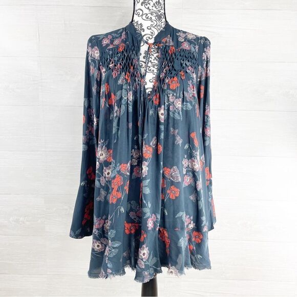 Free People Pebble Crepe So Fine Smocked Floral Tunic Top - Picture 3 of 10